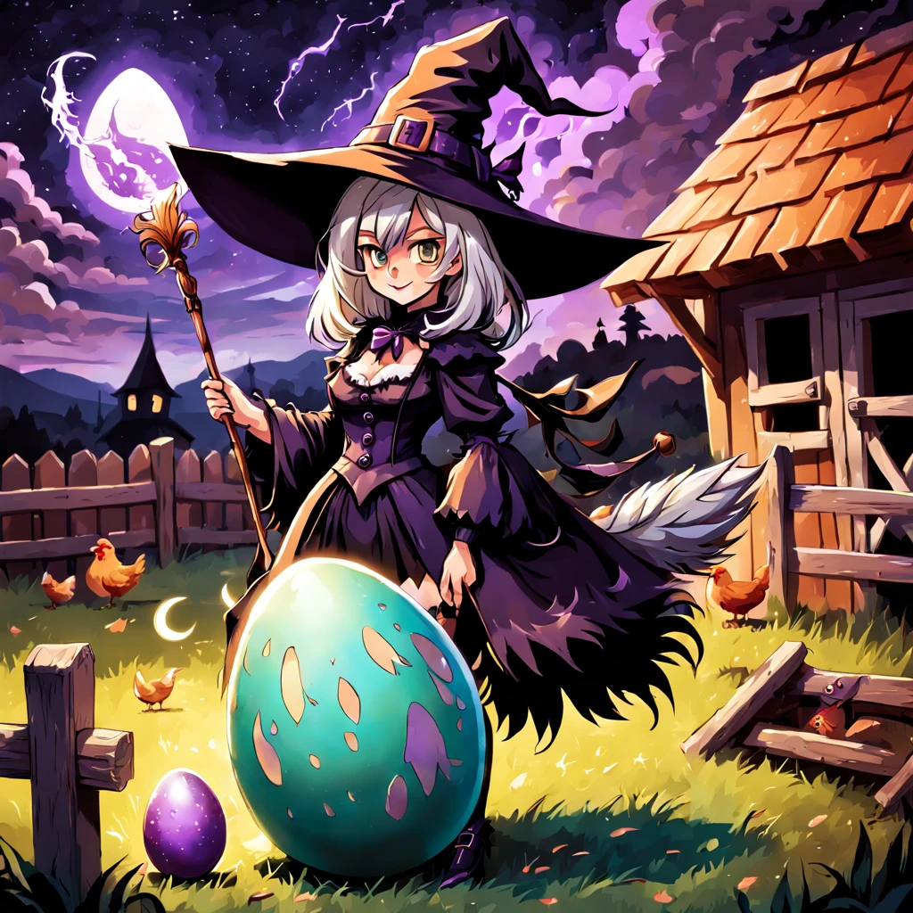 Witch in Eggshell color with chicken feathered witch hat and witch outfit and a wand with a egg on it, background chicken coop, in ebra anime art style