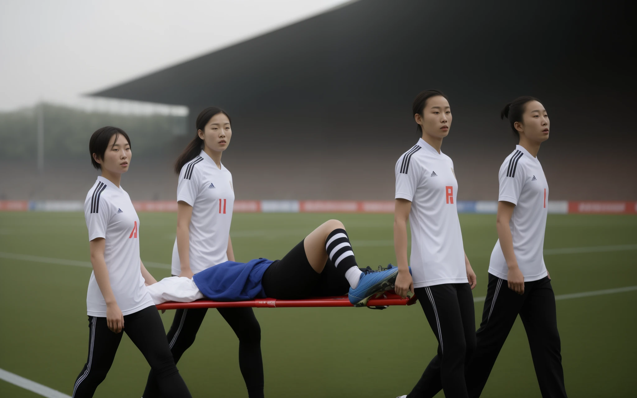 Four very worried looking Chinese girls carry a stretcher between them, two men&#39;s legs and two soccer shoes look forward out of the tarpaulin, Four very worried looking Chinese girls are carrying a short-haired male footballer away from us with the help of a stretcher, An injured and unconscious male soccer player with short hair and matted sportswear lies on the stretcher, The injured athlete&#39;s matted T-shirt and pained face protrude beyond the top of the stretcher. Four very worried looking Chinese girls transport an injured male soccer player on a stretcher. Four very worried-looking Chinese girls wearing shiny uniform jackets stand in a packed football stadium. Four very worried looking Chinese girls are seen from behind wearing shiny jackets. Four very worried looking Chinese girls are holding a stretcher. In the middle, four Chinese girls are walking along. Die Trage, die sie in der Mitte tragen, lief von uns weg, An injured and unconscious male footballer with short hair and matted sportswear lies in the stretcher, the matted T-shirt and the pain-distorted face of the injured athlete protrudes over the upper part of the stretcher, two men&#39;s legs and two soccer shoes look forward out of the stretcher