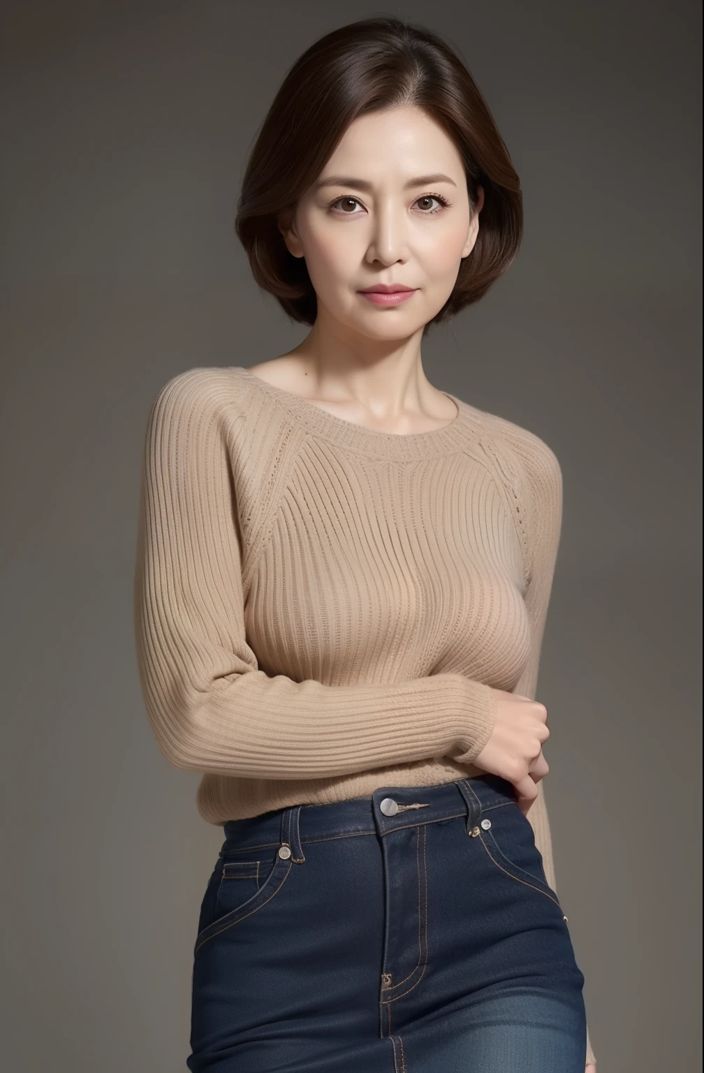 hight resolution, high-level image quality, high detailing, ​masterpiece, Textured skin, tre anatomically correct, sharp, greybackground((japanese mature, 70yo)), 独奏, ((Wrinkles on the face)), large breasts with good shape, Straight light brown hair that reaches to the shoulders, chubby figure (((Stand upright, facing the center of the screen.))), Close your mouth and look straight ahead with a serious face, Sweaters, skirt by the, ((cowboy  shot)),