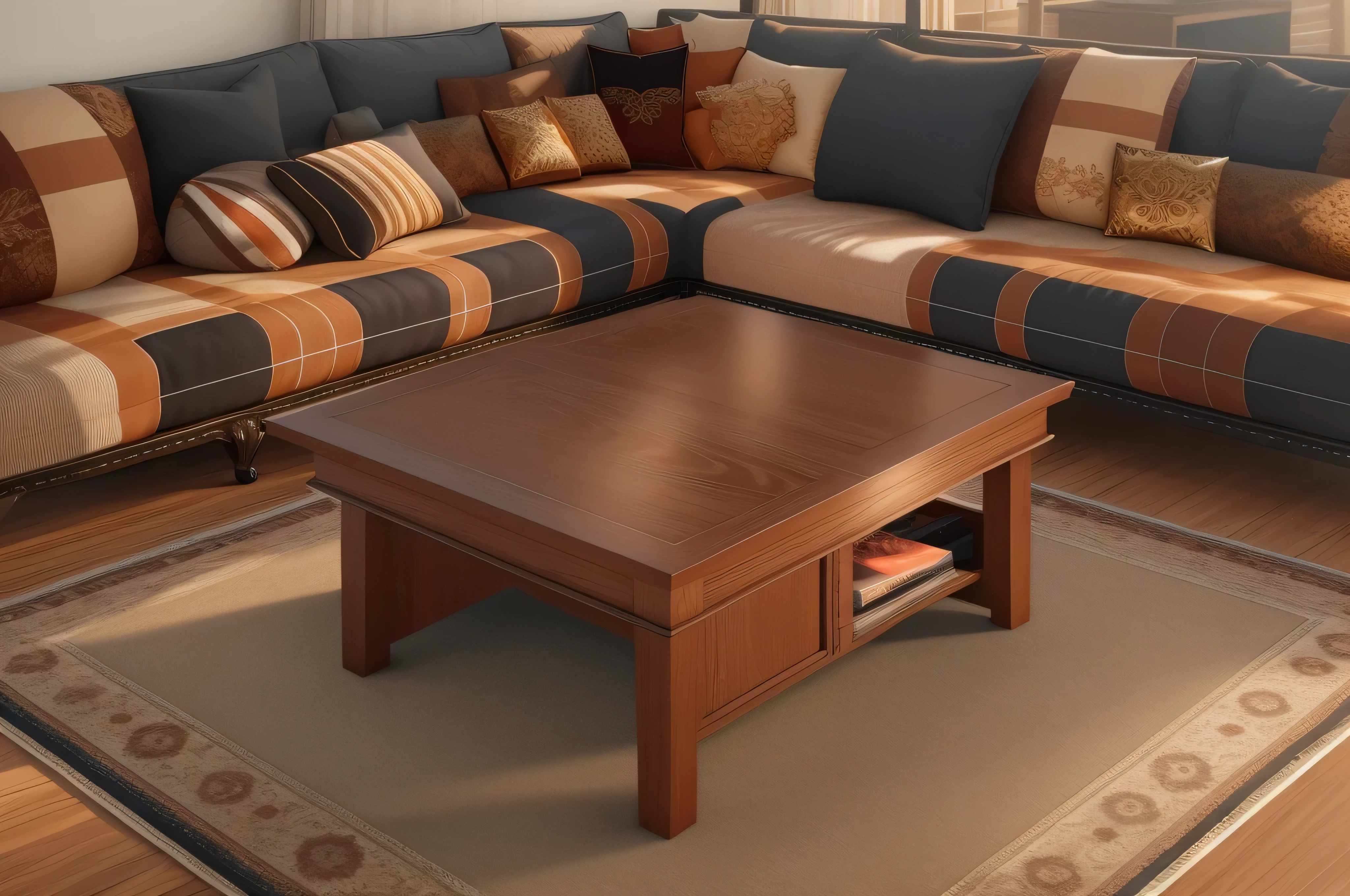 There was a sofa and a table in the room, luxurious Wooden coffee table, Wooden coffee table, on a coffee table, Wooden tables, luxurious furniture, highly detailed render, high qulity realistic, elegant furniture, detailed render, wood furnishings, wood furnishings, Wooden table, detailed Wooden table, Hyper-realistic rendering, High quality 3D realistic, Semi-realistic rendering，style of anime, Ray traching, depth of fields, lightand shade contrast, 电影灯光, hyper HD, 8K, high qulity, super detailing, high detal, Award-Awarded, acurate