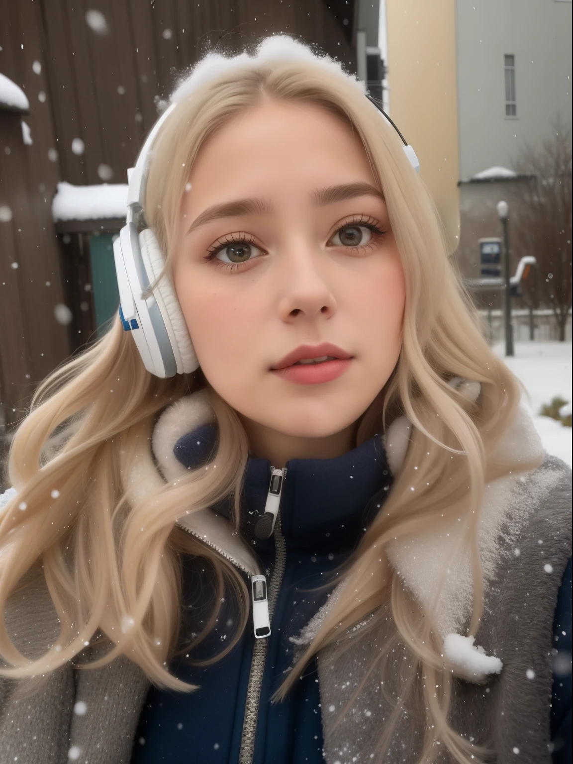 a close up of a woman wearing headphones na neve, Beautiful Nordic woman, na neve, mulher sueca loira, inspired by Louisa Matthíasdóttir, na neve, covered na neve, apenas neve no fundo, frio como ! 🧊, Madalena Andersson, cold snow outside, Taran Dasha, Directed by: Emma Andijewska