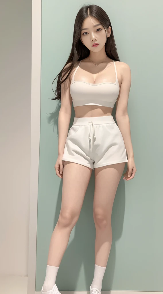 Kim Ji-ni Jennie face, wearing white bandeau, open waist, cleavage, light green shorts,, sexy, cute, white socks, white wall,, strong contrast, sunlight on the face, full body , super detailed