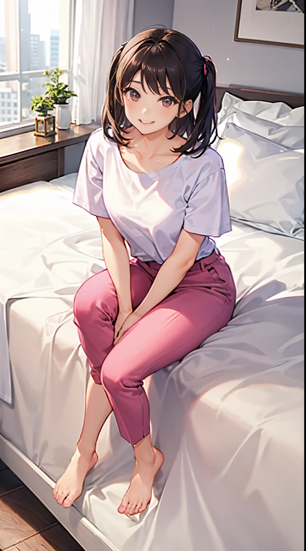 1girll, 独奏, Wear light-colored short sleeves,Wear pink slacks,sit on a bed,Extra big,Perfect hands