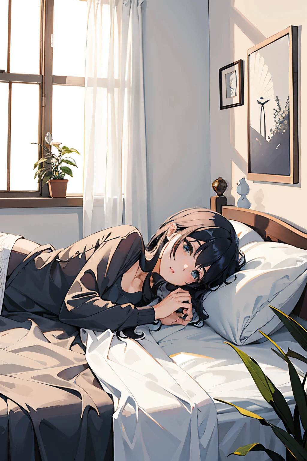 Anime girl laying on a bed with a plant in her hand - SeaArt AI