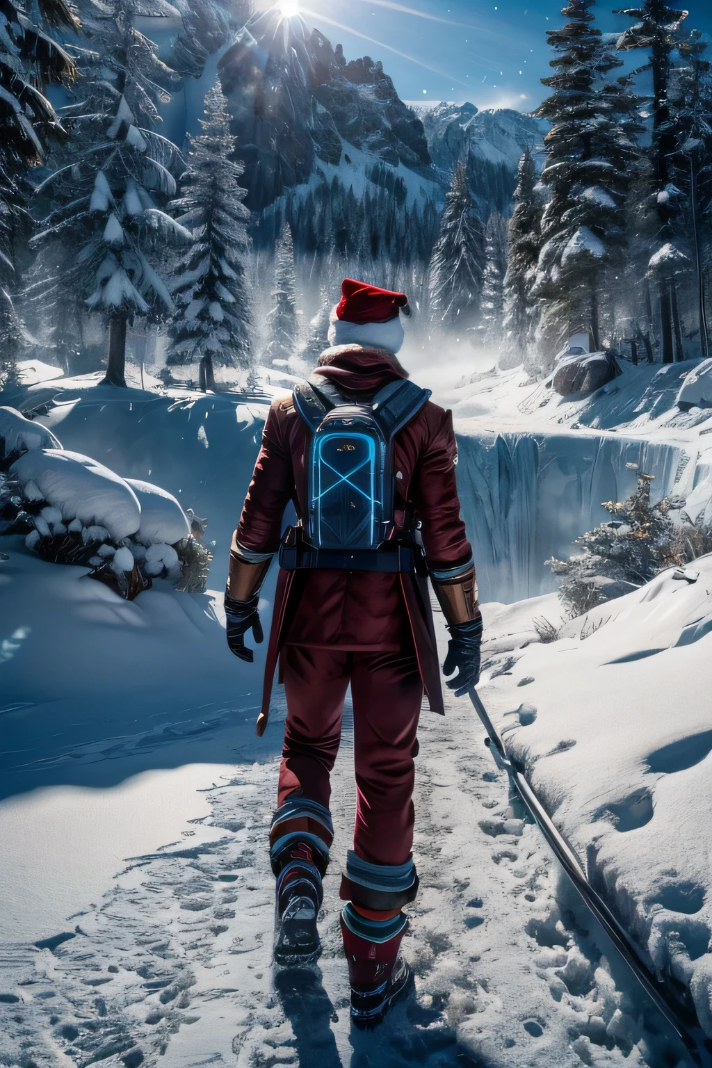 Embark on a snowy mountain escapade, capturing the joyous revelry of a whiskey-clutching Santa in hyper-realistic 4K splendor. Illuminate with cyan rim lights, motion blur, and soft lighting for a cinematic allure. Employ Unreal Engine 5's cinematic prowess, accentuated by an Ultra-Wide 25mm lens. Detail meticulously—Depth of Field, Tilt Blur, Shutter Speed 1/1000, F/22, and White Balance. Elevate with 32k Super-Resolution, Pro Photo RGB, and VR compatibility. Express solitude within the vastness, integrating Half rear Lighting, Backlight, and Natural Lighting. Illuminate with Incandescent, Optical Fiber, and Moody Cinematic Lighting. Capture intricate details, volumetric, and beautiful lighting, harmonizing global illumination, reflections, and scattering for a hyper-realistic marvel