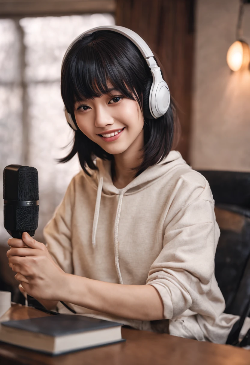 8k,beautiful,Grin,19 years old, Bob with bangs, Black hair, Medium Hair, Room, Hoodie, Japanese, Voice actor, headphone, speak at  a microphone, real, photo real, realistic Japanese cute, 8k, RAW photo, best quality, masterpiece, realistic, photo-realistic, clear, professional lighting, beautiful face, best quality,ultra high res, Style: hyper-realistic photograph, (with a book in hand),  microphone, (front of microphone), read a book, Sony α7, 35mm Lens, f1.8, medium format, soft lighting, by Daniel F Gerhartz, intricate, super highly detailed, trending in pinterest, sharp focus ,portrait photography,detailed skin,real person