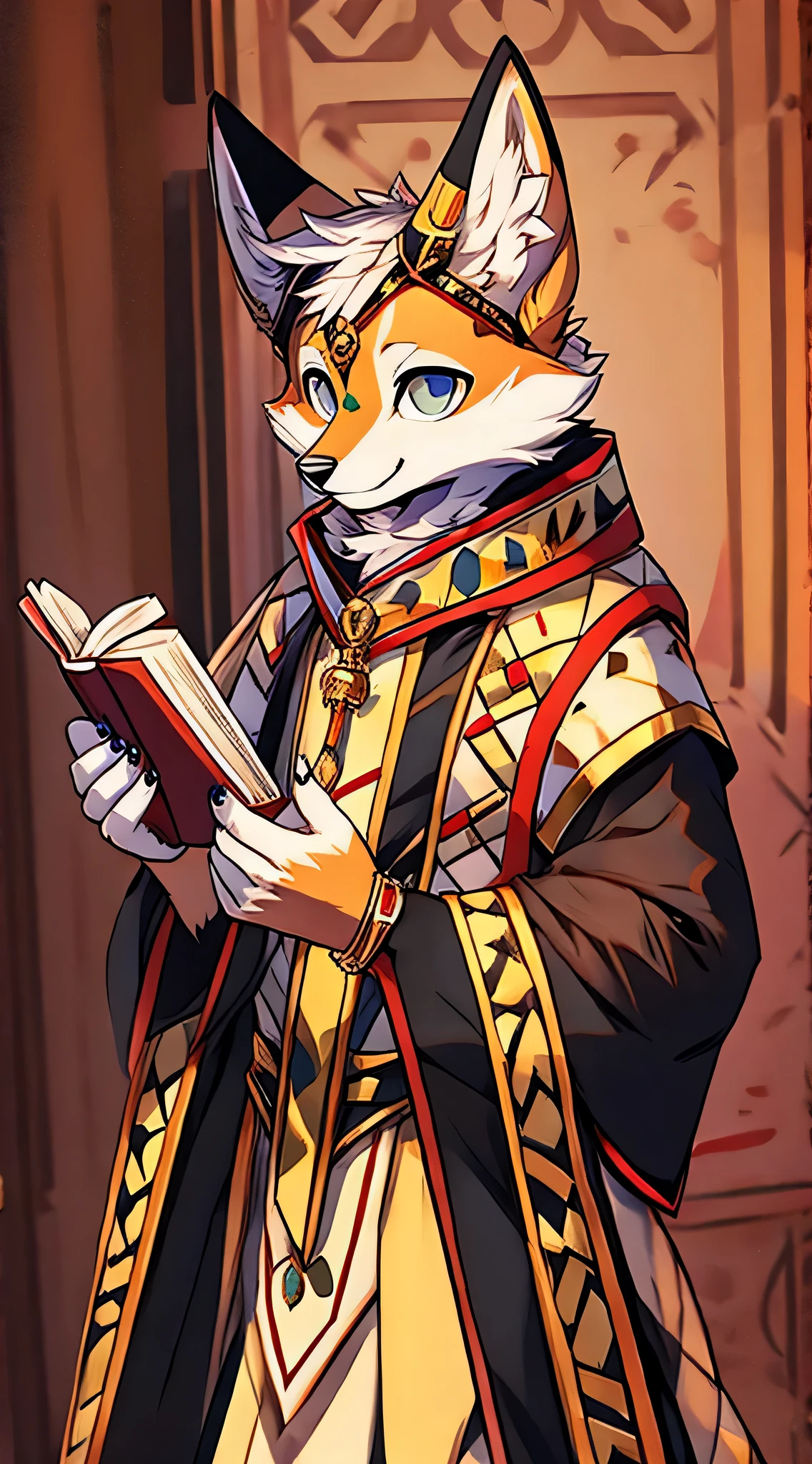 anthropomorphic fox, priest, holding a book, wearing ceremonial garb, twink,