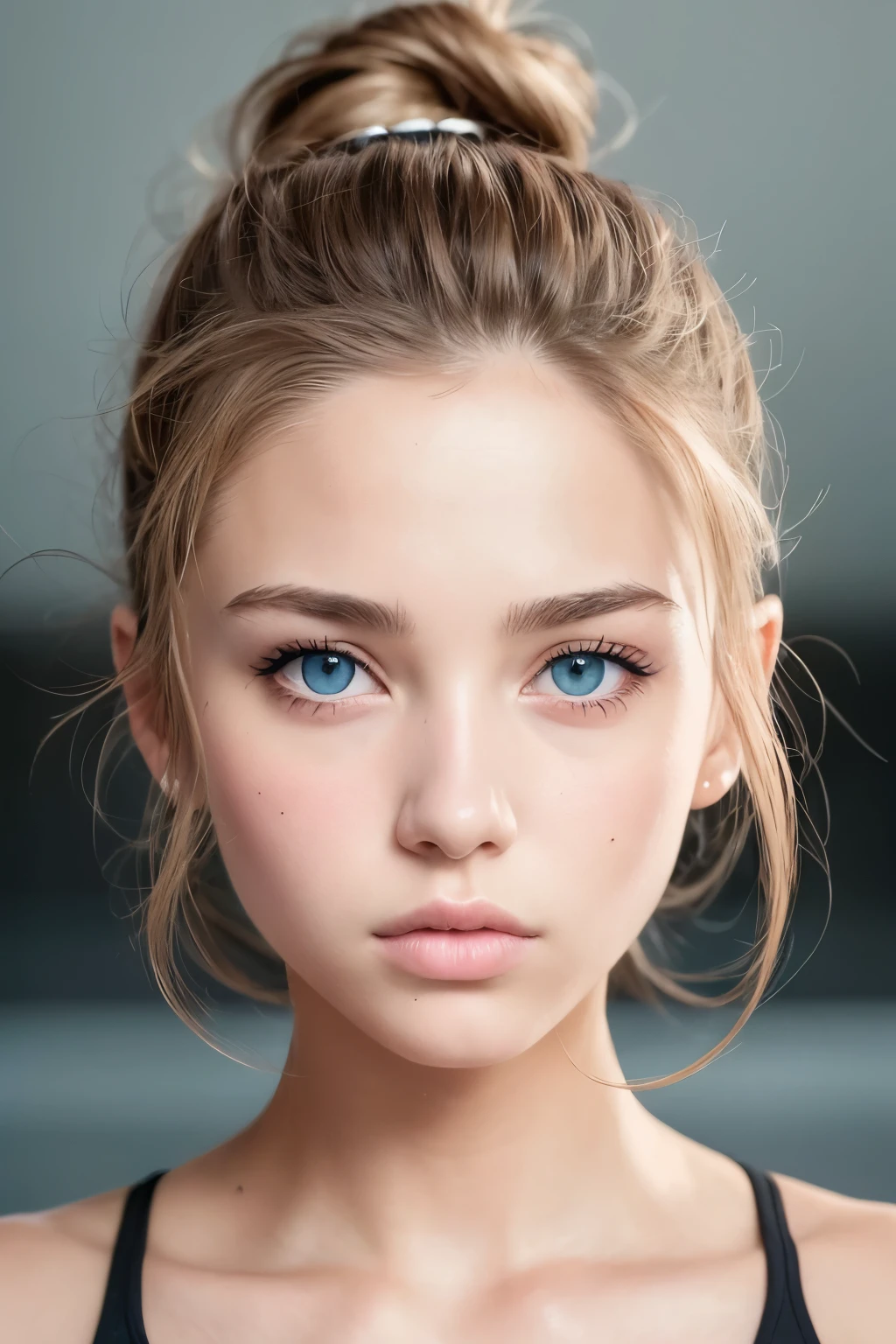 Sexy woman, portrait of face, , looking straight at camera, sport, healthy skin, big eyes, big lips, perfect lips, perfect eyebrows, headshot, blond hair, Realistic, Photography, Natural, workout, blue eyes, face shot, portrait, hair up, hair in bun, no bangs
