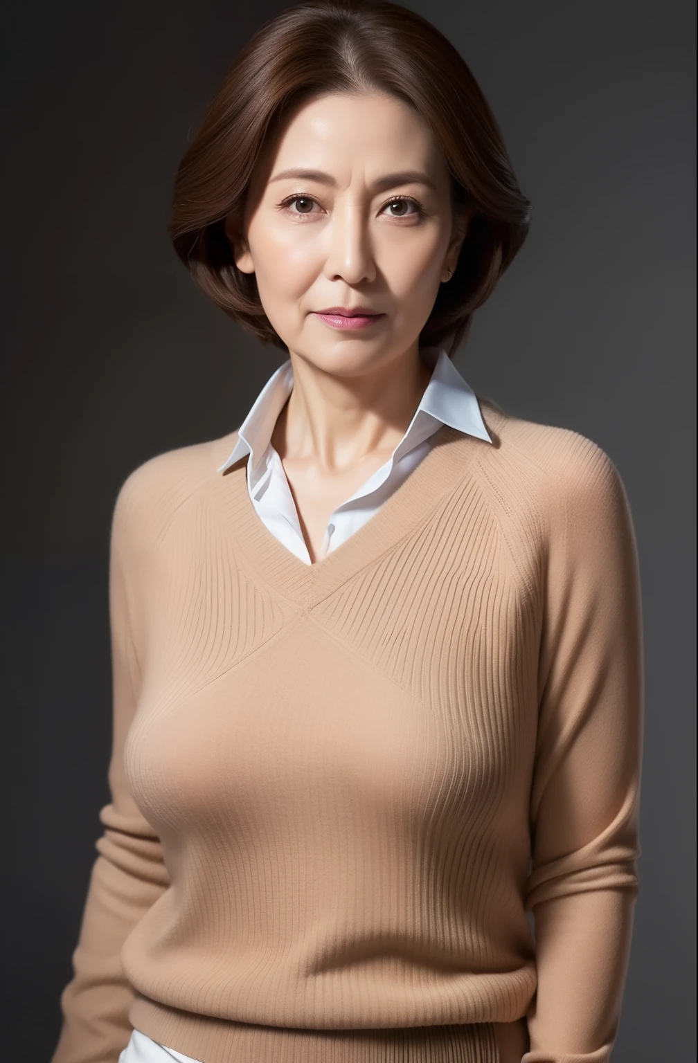 hight resolution, high-level image quality, high detailing, ​masterpiece, Textured skin, tre anatomically correct, sharp, greybackground((japanese mature, 70yo)), 独奏, ((Wrinkles on the face)), large breasts with good shape, Straight light brown hair that reaches to the shoulders, chubby figure (((Stand upright, facing the center of the screen.))), Close your mouth and look straight ahead with a serious face, Sweaters, skirt by the, ((cowboy  shot)),