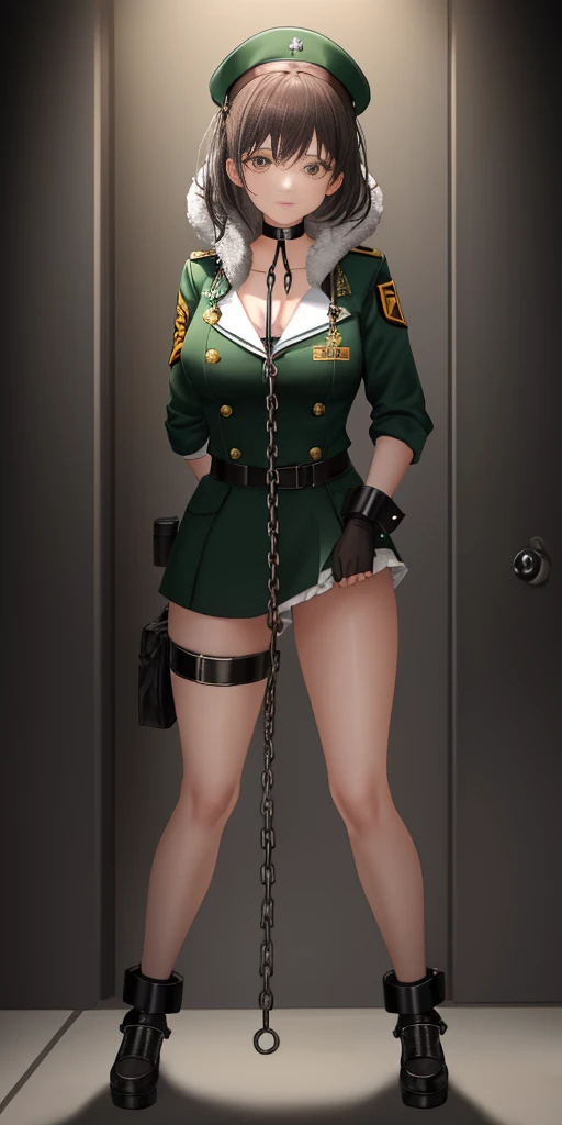 Female, standing, straight, 1girl, looking at viewer, handcuffs on their hands, with a collar around the neck, slave, feet up positon, ((black choker, shackles on legs and arms)) show ass, fur trim, own hands together grabing her own gluteous, nazi green uniform