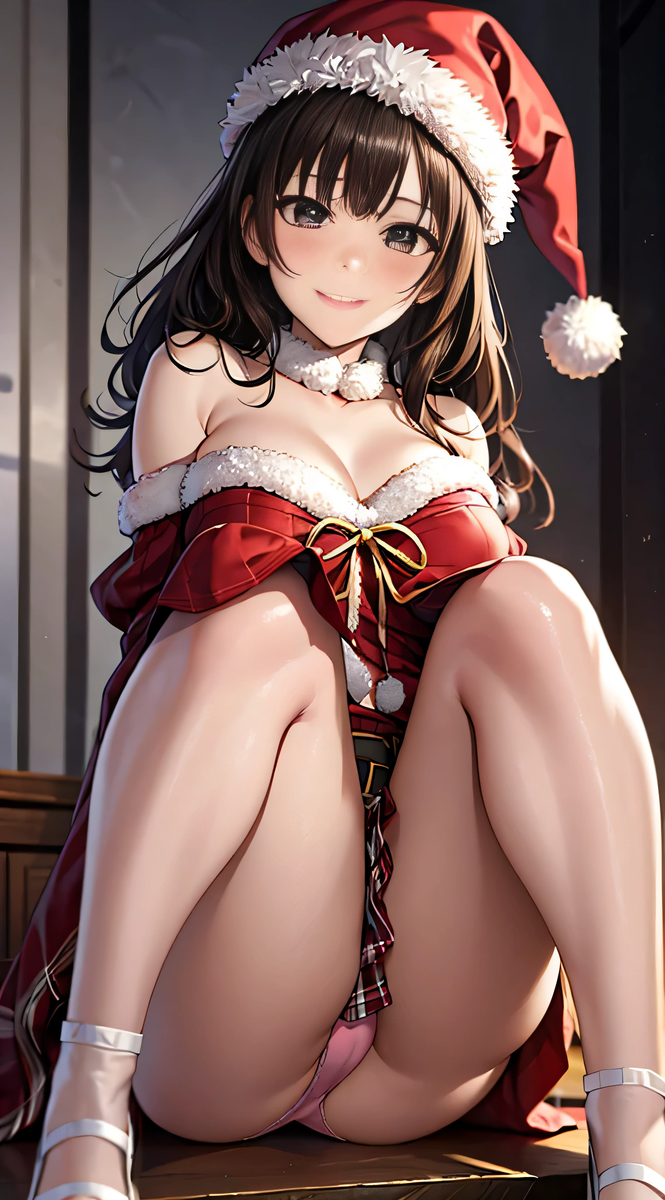 ((masutepiece, Best Quality, hight resolution, nffsw, Perfect Pixel, 4K, nffsw, nffsw))), 1girl in, Single, Solo, Beautie、full body seen、 ((Middle Wave Hair, Bangs, Brown hair)), ((Brown-eyed, Beautiful eyelashes, Realistic eyes)), ((Detailed face, Blushing:1.2)), ((Smooth texture:0.75, Realistic texture:0.65, Photorealistic:1.1, Anime CG style)), medium breasts, Dynamic Angle, Perfect body, ((Santa Claus Costume、Red knitted hat、red and white off shoulder sweater、red and white flared skirt、Black garter stockings、Kamimei、Shy smile、See-through nipples)), Classrooms without people、Sit on a desk、Lower'I took my foot off the desk............................、early evening、、((Angle looking up from below))、Very embarrassing panic smile、Lift your chest with your hands、Open both legs、Open your knees wide、sexy pink floral lace panties)、
