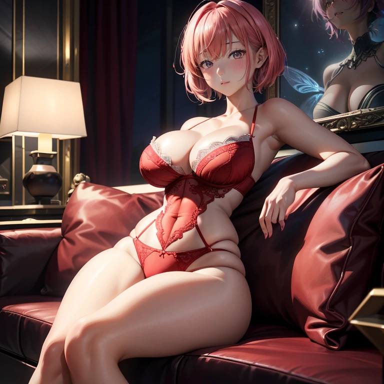 (top-quality,High resolution,(Ultra high definition,4K), (超A high resolution,in 8K),masutepiece:1.2), (Perfect Anatomy,Anatomically accurate), (Angle from below), (Soft lighting, rendered), ((cute fairy mother and daughter)), ((Sitting on a sofa in the lobby of a luxury hotel, turned around)), ((High School Sailor Uniform)), ass forcus, (Red lace panties), (fascinated expression), (Crisp double eyelids), (Large breasts:1.3), (Soft skin), (Photorealistic), (Glowing skin), (pinkhair), (Pixie Cut)
