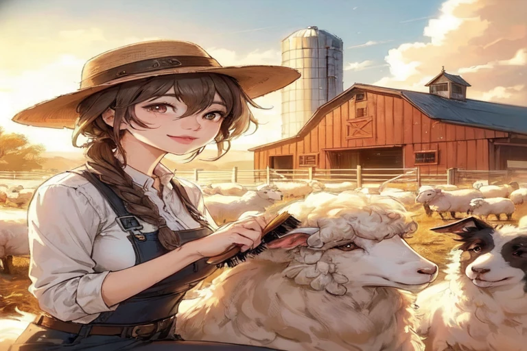 1 Ladies solo, rancher (sleek outfit), (brushing sheep:1.2), , /(Light brown hair/) woven, By bangs, Friendly smile, (Masterpiece of the best quality:1.2) delicate illustratio ultra-detailed, large breasts BREAK BREAK BREAK (realistic sheep), (realistic dog (border collie)), illustratio, (holding a brush) BREAK BREAK BREAK (outdoor sheep farm) (Lots of sheep), (Western style sheep stables and silolue-sky