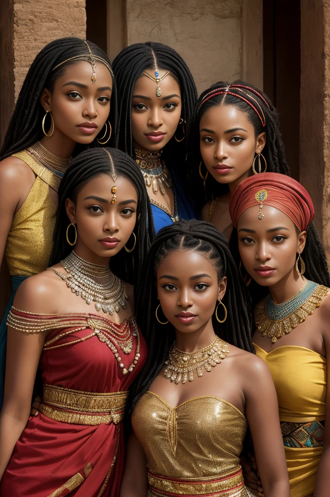 Best quality, masterpiece, super high resolution, super beautiful faces, (smile:0.8), (realism:1.5), original photo, bare shoulders, four women named Ayira Makama and Zala Makama and Sade Makama and Kioni Makama,four young African royal sisters in a fantasy land dressed in royal beaded jewelry and flowing dresses, African, traditional, traditional African setting, wakanda
