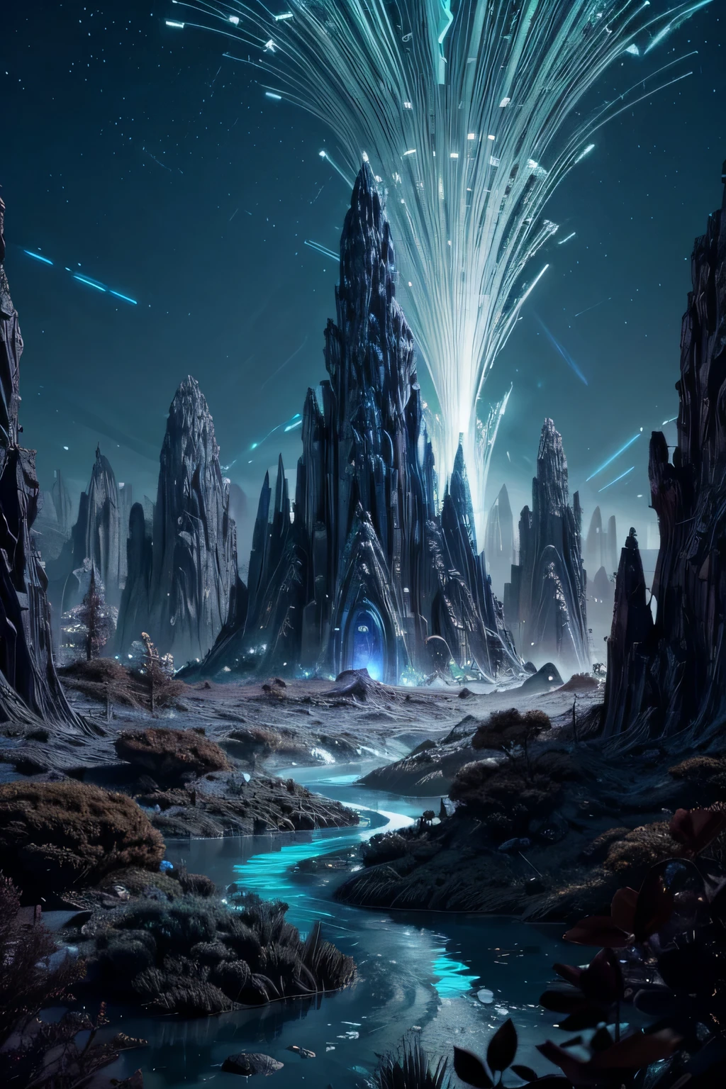 Otherworldly alien landscape with towering crystal formations and bioluminescent flora, hyperrealistic fantasy art created using cutting-edge generative algorithms.