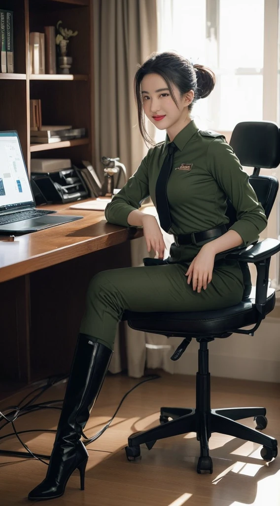 (full bodyesbian) In the office room, Chinese beauty in uniform, Perfect facial features, Rejili, rnsexy smile, lipsticks, Redlip, (topknot), brown green shirt, with the (black uniform tie), Dark olive green pantlack high heel knee boots), ( take off her boots),one-girl, full bodyesbian, office room, office desk, office room chair, during night, Dazzling light, Best quality at best, Mistpes, 超高分辨率, (photosensitive: 1.4), deep shading, low tune, 8k beauty portrait, Integrated, Elegant, The is very detailed, A majestic, digital photography, Artistic creation、Jia Run and Greg Rutkoski, (tmasterpiece, Sideslit, Delicate and beautiful eyes: 1.2), HighDynamicRange, Detailed tail background