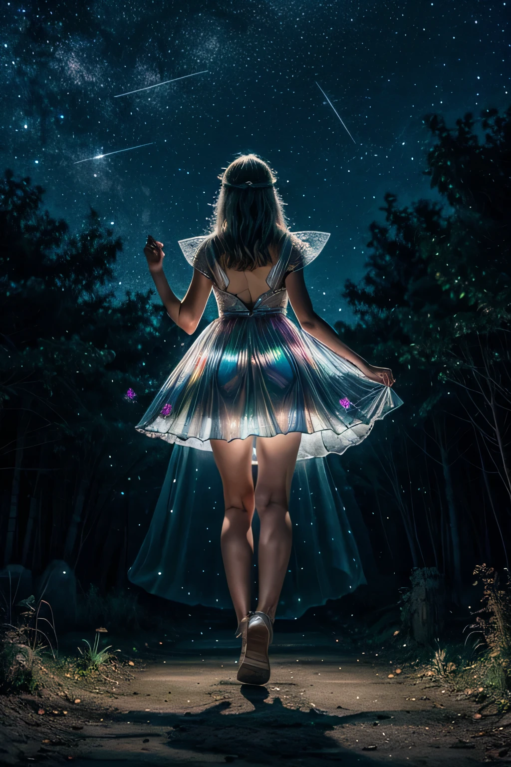 fairy running in the dark, mystical light, starry night, in a translucent holographic, delicate dress landscape, stars