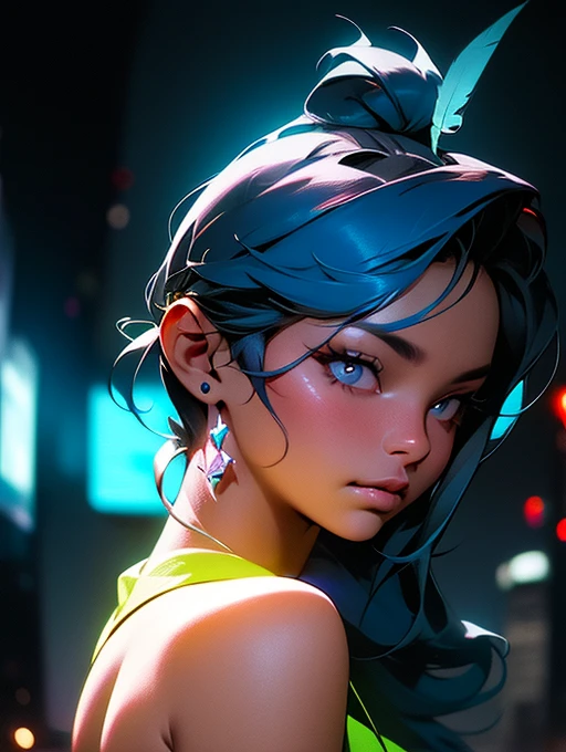(masterpiece), best quality, ultra high res,little girl, cyberpunk 1girl flying above stunning cityscape ,hoodie,blue hair, neon color shooting stars, very long hair, off shoulder, feather hair ornament, neon colors, flashes, stunning night sky, cinematic lighting, photorealistic, realistic skin, HDR,fisheye