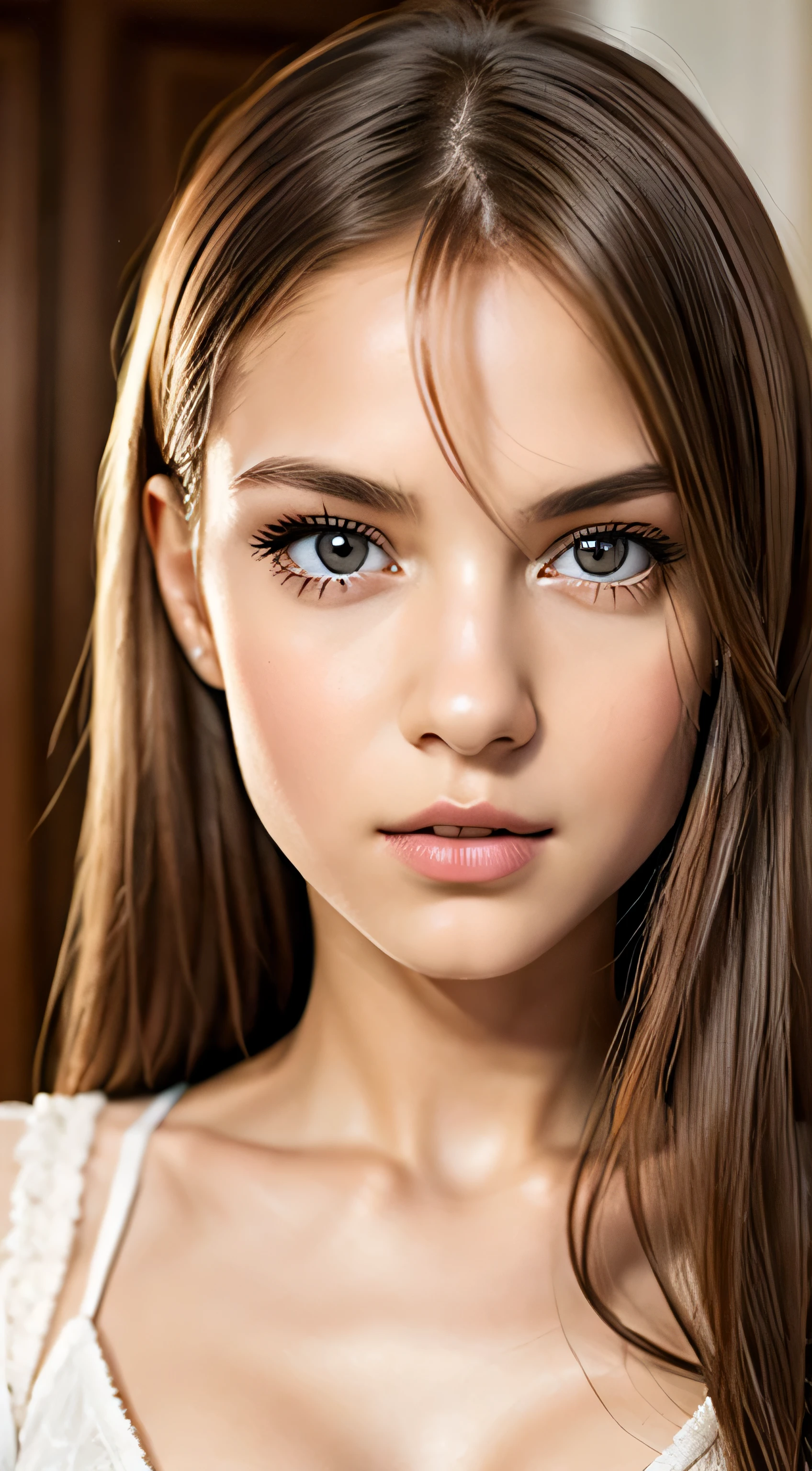 Neat and clean schoolgirl, klein person, (schlank, klein, klein), fotorealistisch, Hautstruktur, Ultra-Details, delicate sexy collarbone, smil, Super detailliertes Gesicht, Detaillierte Lippen, Detaillierte Augen, 12 years old girl, Zarte Augenbrauen, ((offenes Hemd, Spaltung)), (surprised), small tender breasts, blasse Haut, dreamy look