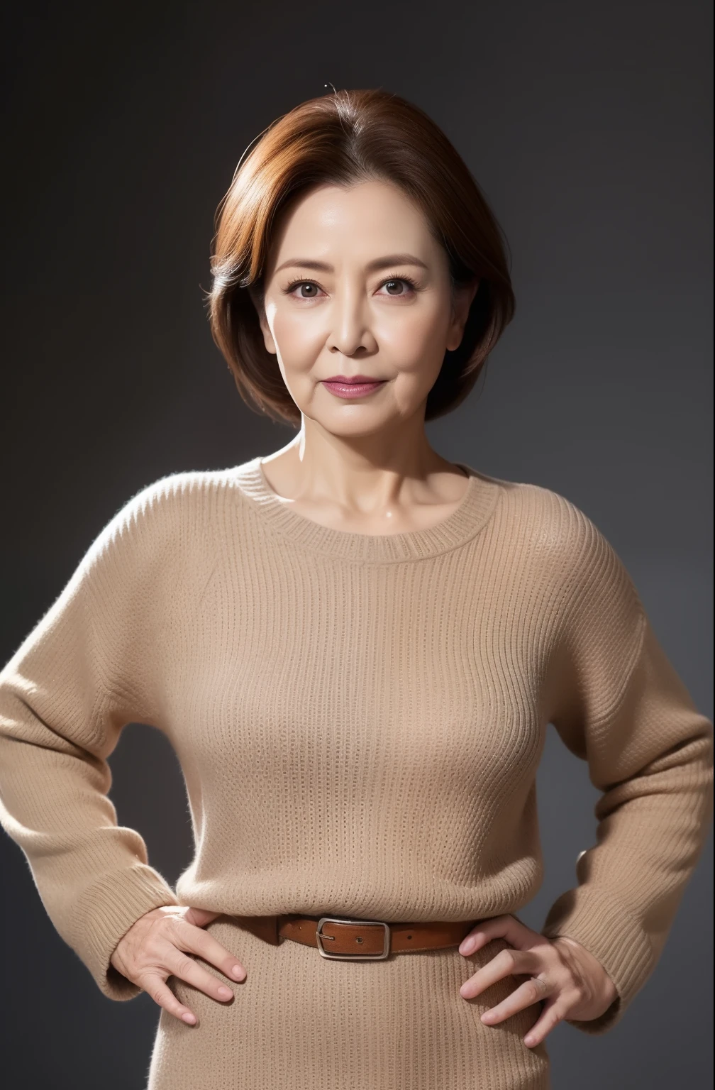 hight resolution, high-level image quality, high detailing, masterpiece, Textured skin, tre anatomically correct, sharp, greybackground((japanese mature, 75 years old)), 独奏, ((Wrinkles on the face)), large breasts with good shape, Straight light brown hair that reaches to the shoulders, chubby figure (((Stand upright, facing the center of the screen.))), Close your mouth and look straight ahead with a serious face, Sweaters, skirt by the, ((cowboy shot)),