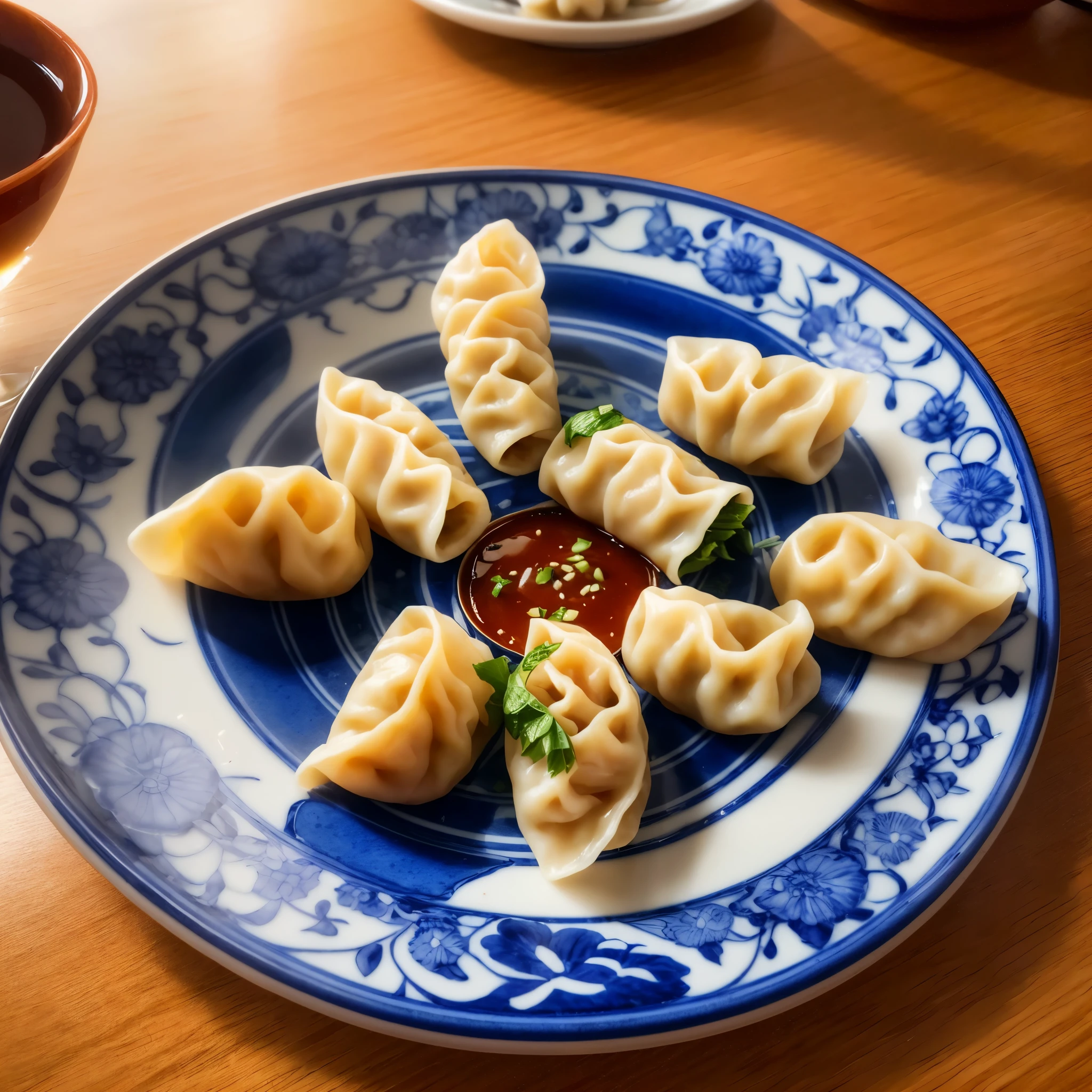 extremely intricate, masterpiece, Best quality, award winning, 8K, RAW photo, Spring Rolls, food photo, digital SLR, soft lighting, high quality, film grain, Fujifilm XT, ((crescent shaped dumplings)), hot sauce, food garnish, delicious, (plate, blue and white porcelain), neatly placed,