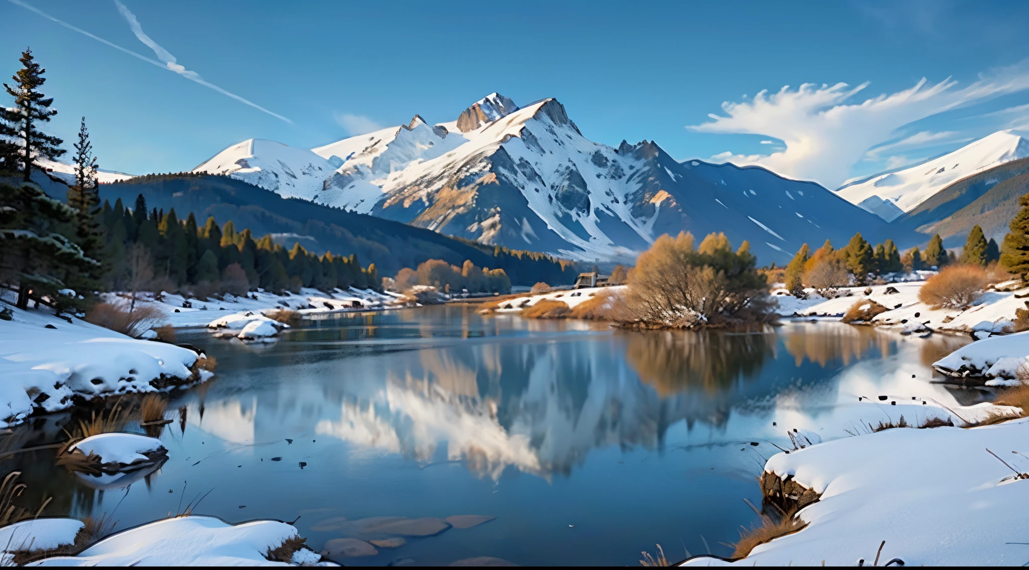 There is a big lake under a mountain range,All covered with snow