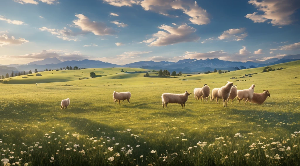 (Best quality at best,4K,A high resolution,tmasterpiece:1.2),ultra - detailed,actual,man herding pecora on the meadow, pecora, peasant, lavoura, pecora毛, shepherd standing next to the pecora, Vast prairie countryside in landscape format poster, Focus sharp