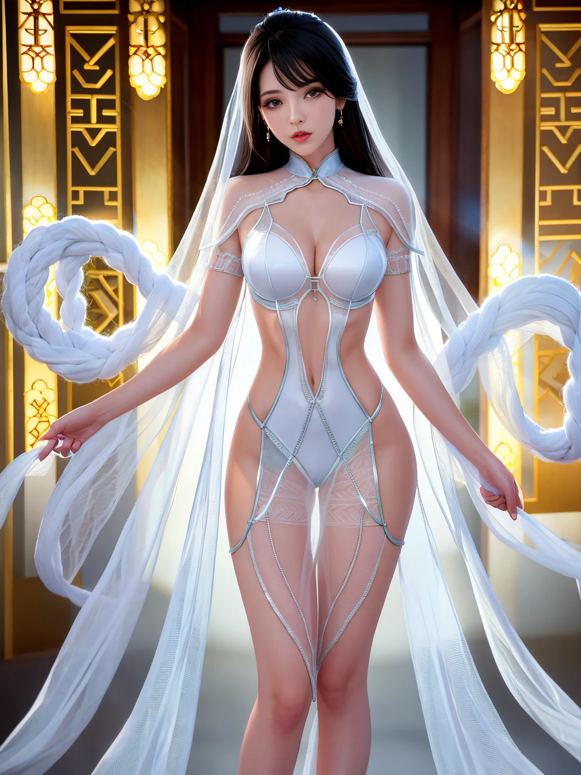 Hyper-realistic 8k CG, flawless perfection,、A high resolution、，overlooks，，. Chinese beauty boudoir、，，everlasting， black hair color hair ，1 beautiful model、majority， It feels very extreme ，Light as yarn（ssee-through），，Don't wear it，，，镂空ssee-through、delicated face ，（（（（body）））） Perfect slim body(pinch slip :0.5)， Very suitable for white skin, )))。（(((full bodyesbian)))），1 beautiful model、majority， It feels very extreme ，Light as yarn（ssee-through），大镂空ssee-through、delicated face ，（（（（body）））） Perfect slim body(pinch slip :0.5)， Very suitable for white skin, )))。large bust .... (((Transparent yarn))) ，，Over-the-knee，，Most of the body is standing