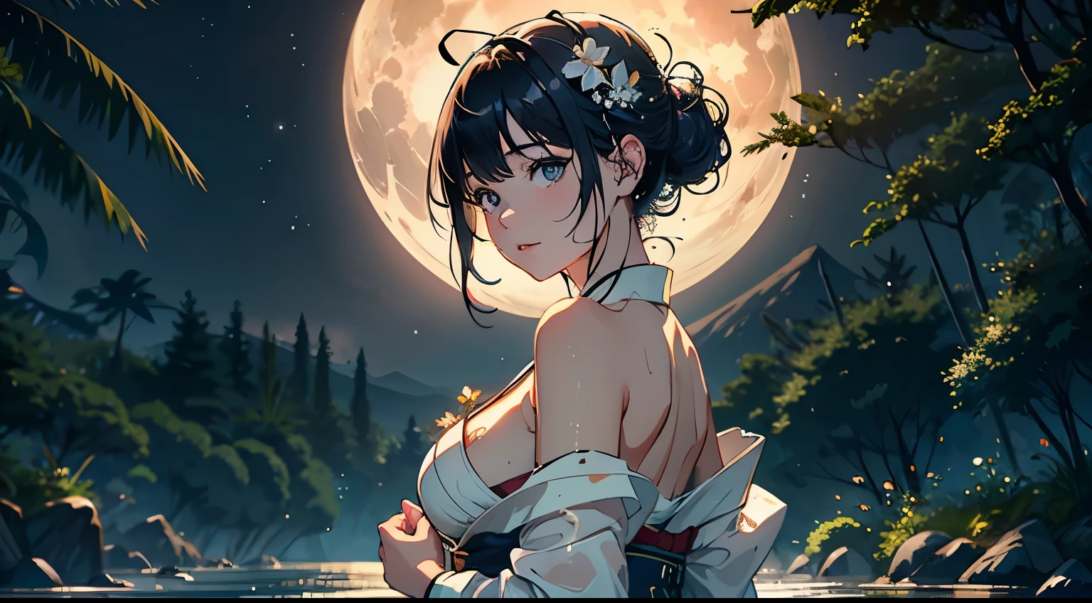 1girl, breasts, moon, lantern, night, solo, large breasts, hair ornament, wet, kimono, japanese clothes, wading, water, hair flower, flower, outdoors, sky, full moon, rain, black hair, off shoulder, mountain, cloud, holding, sash, bare shoulders, lantern, standing, white kimono, night sky, sideboob, obi, wet clothes, bangs, tree, from side, reflection, short hair, cloudy sky, wet hair (((masterpiece),(extremely detailed CG unity 8k wallpaper),best quality,,solo,1girl,cinematic lighting,detailed background,beautiful detailed eyes,bright pupils, (an extremely delicate and beautiful),(Beautiful and detailed eye description), ultra-detailed,masterpiece,)),