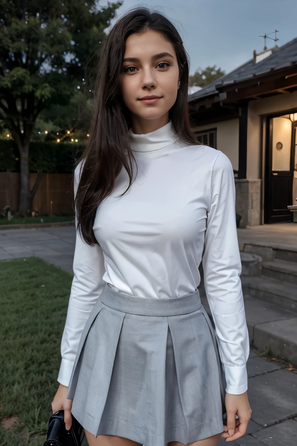 (beautiful 16 year old girl) ((white blouse, long sleeve blouse, turtleneck, gray skirt, long skirt)) Beautiful and perfect face, (slender body) thin body, (black hair) (blue eyes) (white skin) beautiful body, Western face, predatory eyes, pink vaginal lips, thin hips, thin thighs, collarbone, ribs, (happy expression, shy smile) full body, Western beauty, thin nose, (location: in front of the house, in front of the house gate, sidewalk) ((girl giving an interview, reporter, cameras, photos, reporting team))
interviewer on the side (reporters in the background, cameras, journalists, microphone, photo) studio lights, interviewer, audience, technical team, cameras, studio. public, girl next to an interviewer.