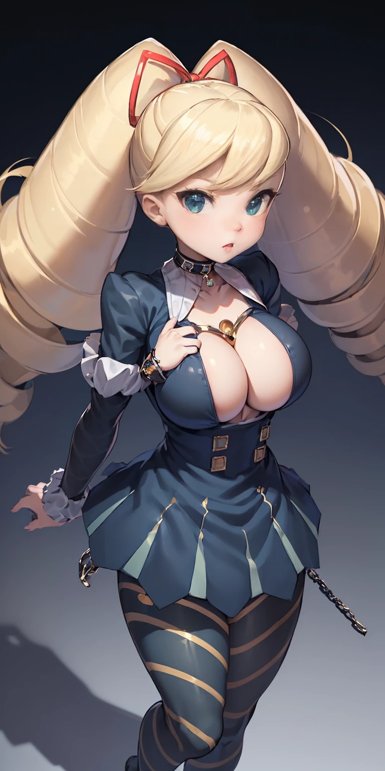 (masterpiece, best quality:1.2), mmplatz,twintails,twin drills,dress,blue pantyhose,striped pantyhose, female, standing, straight, looking at viewer, handcuffs on their hands, with a collar around the neck, slave, ((black choker, shackles on legs and arms)) huge boob