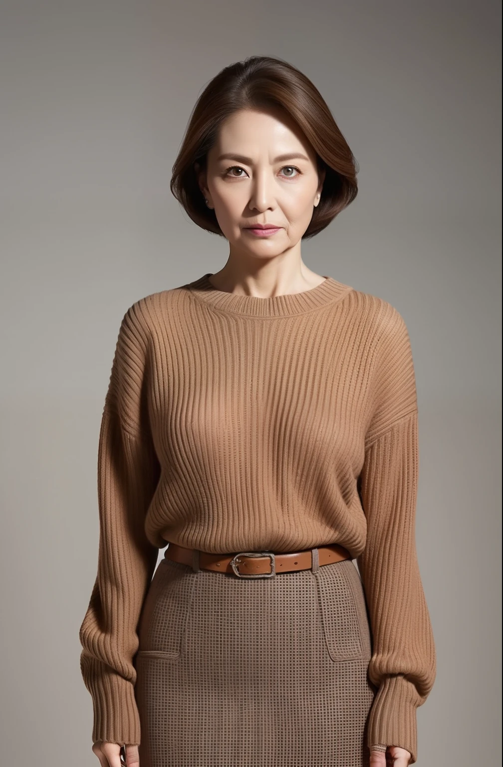 hight resolution, high-level image quality, high detailing, masterpiece, Textured skin, tre anatomically correct, sharp, greybackground((japanese mature, 75 years old)), 独奏, ((Wrinkles on the face)), large breasts with good shape, Straight light brown hair that reaches to the shoulders, chubby figure (((Stand upright, facing the center of the screen.))), Close your mouth and look straight ahead with a serious face, Sweaters, skirt by the, ((cowboy shot)),