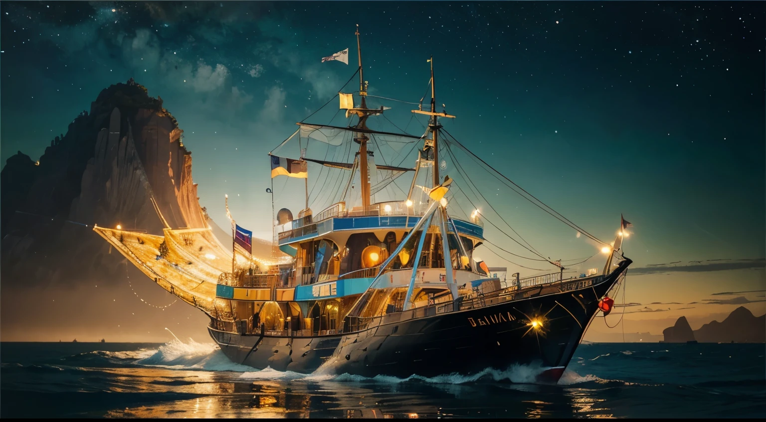 In a mesmerizingly surreal acrylic painting, a bewildering phantasmagoric temporal trawler emerges with captivating detail. The main subject of the image is a large, intricately designed ship-like vessel, adorned with vibrant and fantastical patterns. The colors range from vibrant oranges and yellows to deep blues and greens, creating a stunning visual contrast. The trawler's elongated shape and curved metallic structure give it an otherworldly appearance, while its reflective surface shimmers with an ethereal glow. The skillful brushwork and meticulous attention to detail make this image a true masterpiece, transporting viewers to a mysterious and evocative realm.