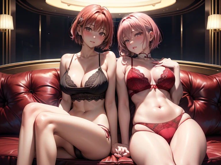 (top-quality,High resolution,(Ultra high definition,4K), (超A high resolution,in 8K),masutepiece:1.2), (Perfect Anatomy,Anatomically accurate), (Angle from below), (Soft lighting, rendered), ((cute mother and daughter)), ((Sitting on a sofa in the lobby of a luxury hotel, turned around)), ((High School Sailor Uniform)), ass forcus, (Red lace panties), (fascinated expression), (Crisp double eyelids), (Large breasts:1.3), (Soft skin), (Photorealistic), (Glowing skin), (pinkhair), (Pixie Cut)