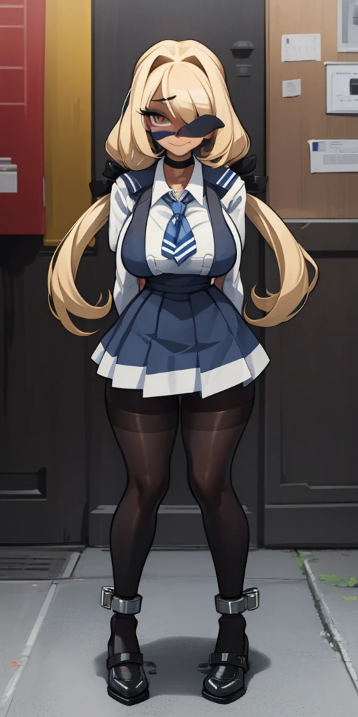 blonde, darkskin, gyaru, sly smile, huge breasts, school clothes, school uniform, bangs over eyes, masterpiece,best quality,1girl,mmplatz,twintails,twin drills,dress,blue pantyhose,striped pantyhose, Female, standing, straight, looking at viewer, handcuffs on their hands, with a collar around the neck, slave, ((black choker, shackles on legs and arms))