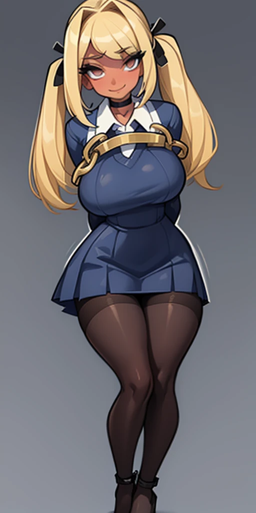 blonde, darkskin, gyaru, sly smile, huge breasts, school clothes, school uniform, bangs over eyes, masterpiece,best quality,1girl,mmplatz,twintails,twin drills,dress,blue pantyhose,striped pantyhose, Female, standing, straight, looking at viewer, handcuffs on their hands, with a collar around the neck, slave, ((black choker, shackles on legs and arms))