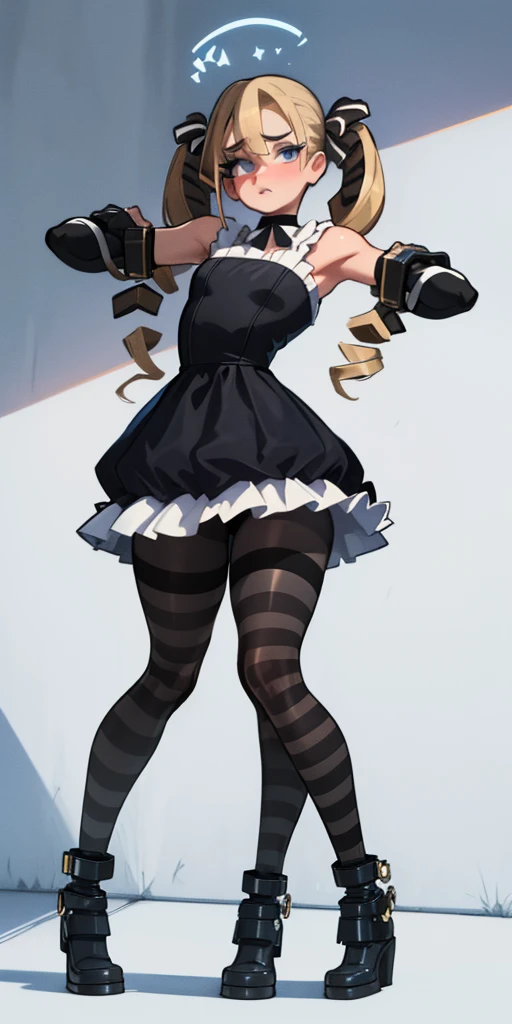 masterpiece,best quality,1girl,mmplatz,twintails,twin drills,dress,blue pantyhose,striped pantyhose, Female, standing, straight, looking at viewer, handcuffs on their hands, with a collar around the neck, slave, ((black choker, shackles on legs and arms))