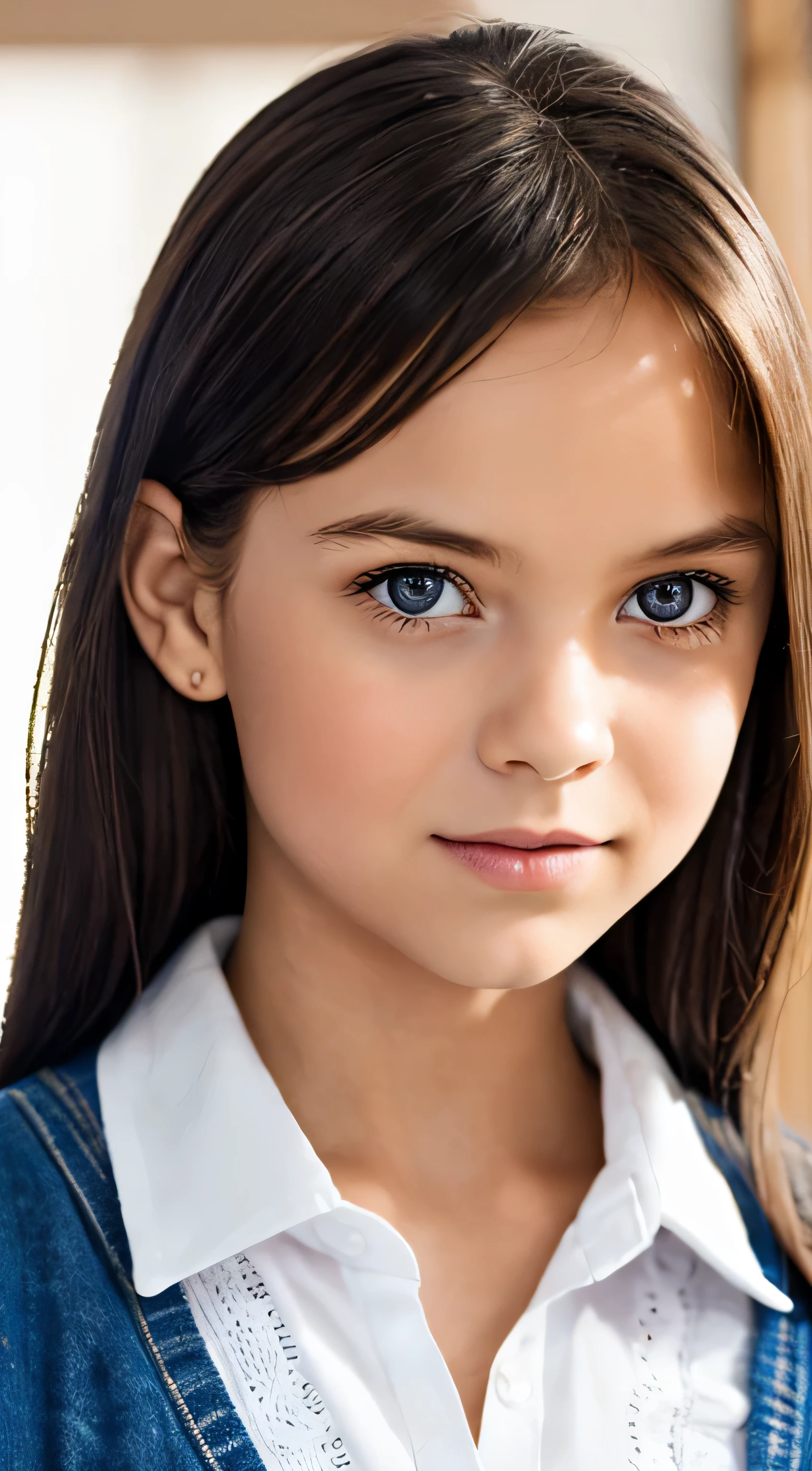 Neat and clean schoolgirl, klein person, (schlank, klein, klein), fotorealistisch, Hautstruktur, Ultra-Details, delicate sexy collarbone, smil, Super detailliertes Gesicht, Detaillierte Lippen, Detaillierte Augen, 13 year old girl, Zarte Augenbrauen, ((open shirt buttons, Spaltung)), (surprised),small tender breasts, blasse Haut, dreamy look