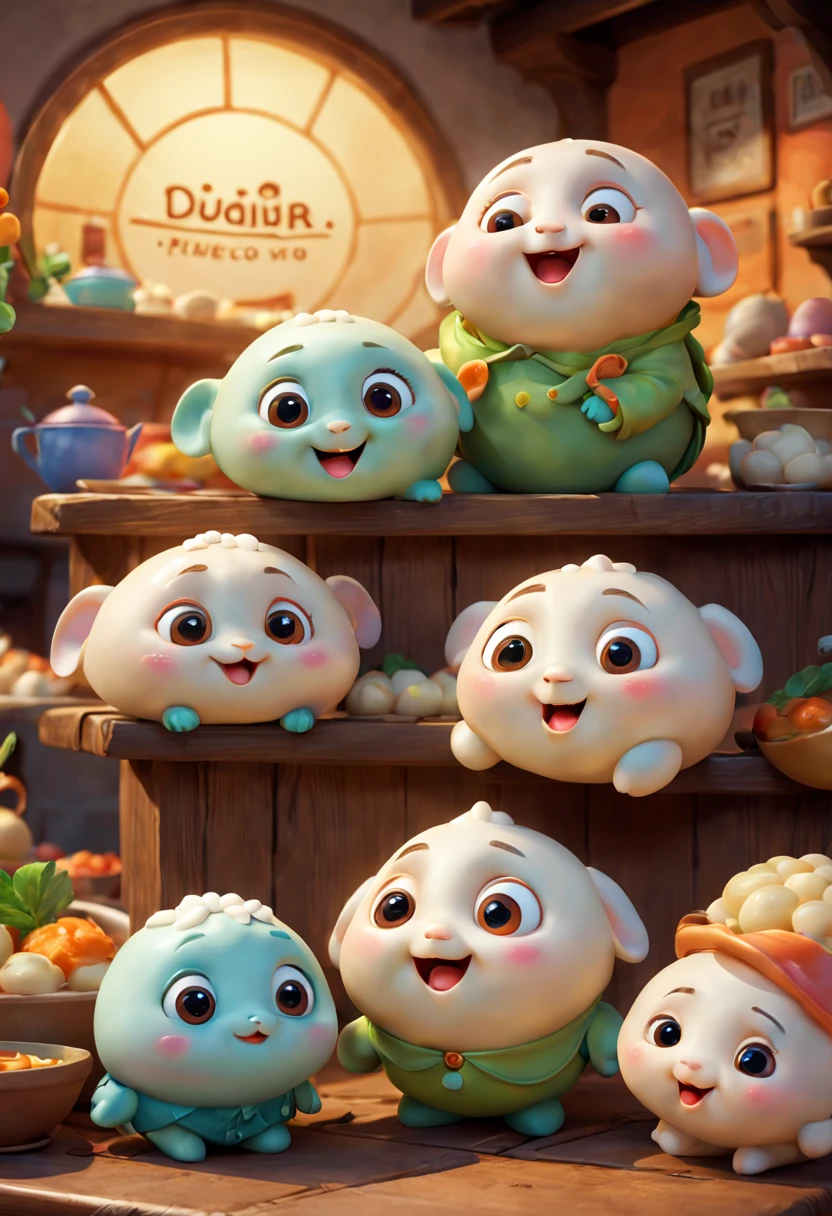 (best quality,3D,ultra-detailed,physically-based rendering), cute anthropomorphic dumplings,portrayed in Pixar style, colorful and lively, vivid expressions and emotions, playful and friendly personalities, delicate and realistic textures, dynamic and engaging poses, whimsical and imaginative backgrounds, soft and warm lighting, bright and vibrant colors.