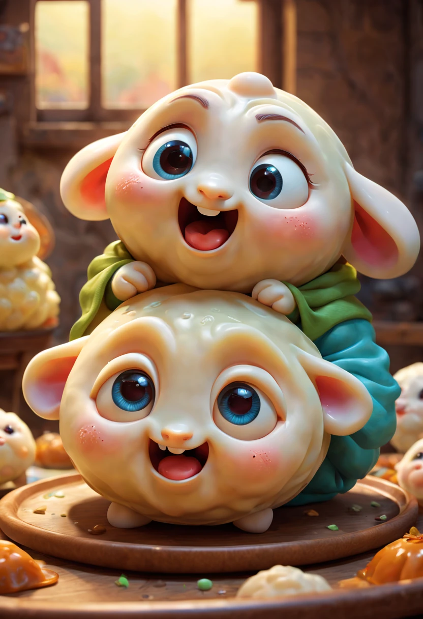 (best quality,3D,ultra-detailed,physically-based rendering), cute anthropomorphic dumplings,portrayed in Pixar style, colorful and lively, vivid expressions and emotions, playful and friendly personalities, delicate and realistic textures, dynamic and engaging poses, whimsical and imaginative backgrounds, soft and warm lighting, bright and vibrant colors.