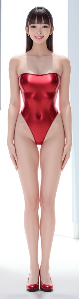 On a white background,A tall and beautiful Chinese girl,with fair skin,Toothy smile,A big smile,When you laugh, Your eyes are crescent-shaped,blunt bangs, long straight hair,Wear a one-piece swimsuit and pumps,Swimsuits are decorated with joyful patterns, Stand up straight,Stand upright,hands on sides,Symmetrical distribution,Ray tracing,All shaded areas,No windows, Soft lighting, Warm light, flood light, n, Studio light, 1.4x Realistic Ultra HD