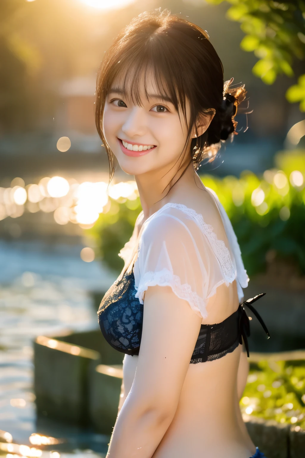 ((​masterpiece))), (One beautiful Japan girl, classmates, Neat and innocent，((cute hairstyle black hair :1.4)) ，超A high resolution, Realistic, ultra-detailliert, 8K,top-quality, Extremely detailed, Detailed background,A slender,very beautiful japanese girl, Detailed face:1.3), , (a baby face，Cute,adorable girl)，Beautiful off-shoulder clavicle mastepiece, High resolution, Beautiful smile，Show your beautiful teeth，facing the front there，Eyes are double, high-level image quality, High quality、Detailed background、early evening、The fresh air after the rain、Rain-soaked hair、A large white shirt soaked in the rain，Detailed female face、Dark blue pleated miniskirt，beautiful thigh，Cute pose、Cheeks shining in the setting sun，Gentle light , lensflare ,Wet in the rain, clothes that cling to one's body、(Black lace bra shows through)、(((Beautiful water background、basking in the bright sunset)))，Clear air，posterior view、Enlarge the buttocks、Looking up from the ground