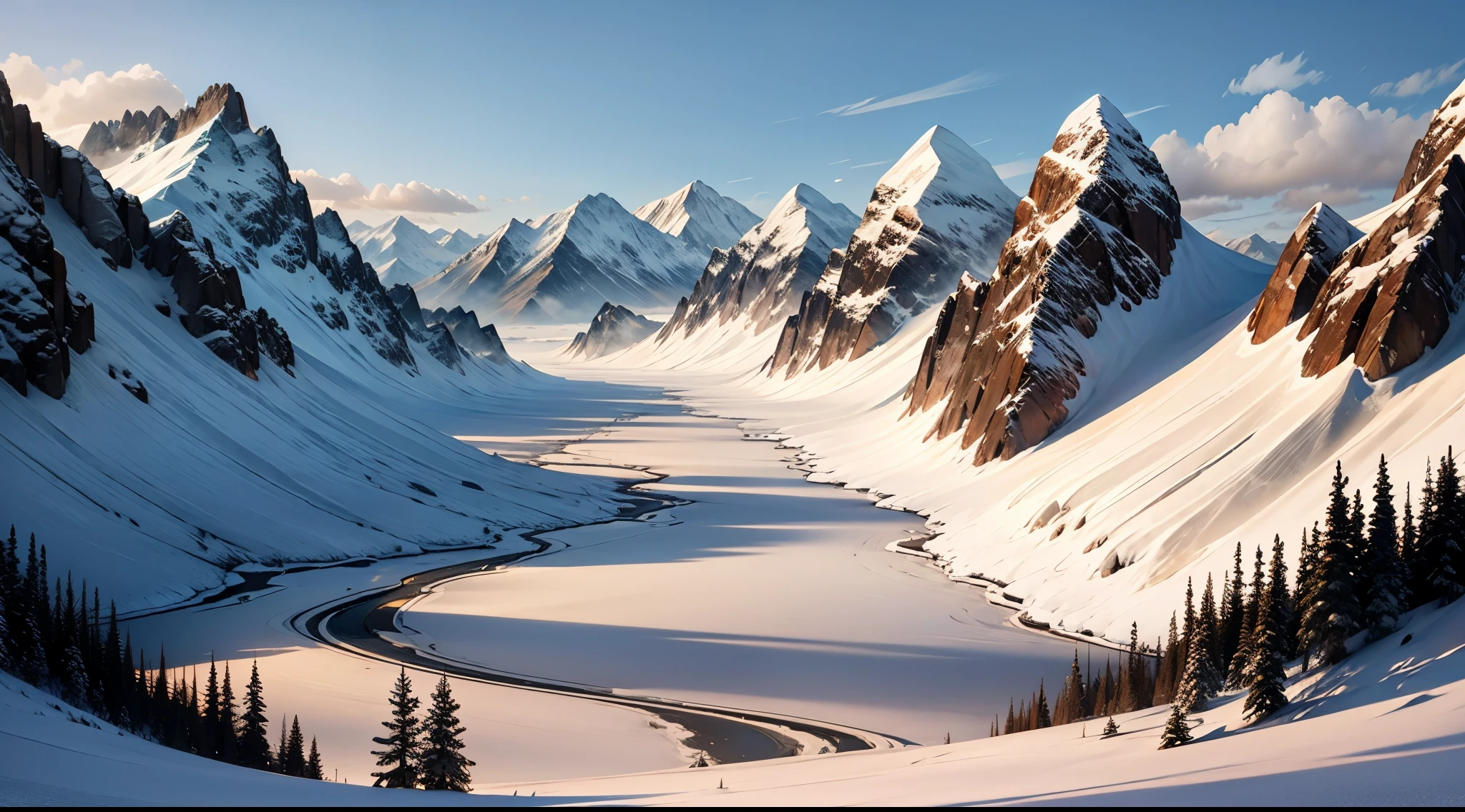 There is a frozen lake under a mountain range，All covered with snow