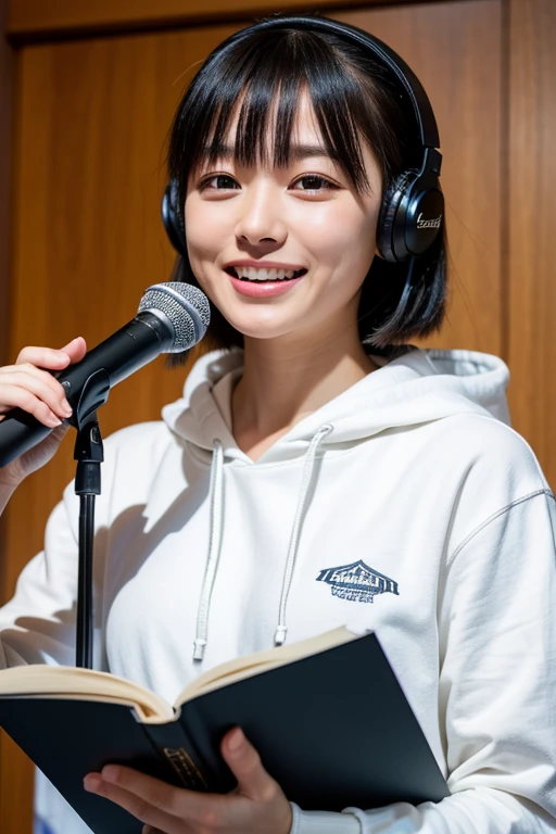 8k,beautiful,Grin,19 years old, Bob with bangs, Black hair, Medium Hair, Room, Hoodie, Japanese, Voice actor, headphone, speak at a microphone, real, photo real, realistic Japanese cute, 8k, RAW photo, best quality, masterpiece, realistic, photo-realistic, clear, professional lighting, beautiful face, best quality,ultra high res, Style: hyper-realistic photograph, (with a book in hand), microphone, (front of microphone), read a book, Sony α7, 35mm Lens, f1.8, medium format, soft lighting, by Daniel F Gerhartz, intricate, super highly detailed, trending in pinterest, sharp focus ,portrait photography,detailed skin,real person