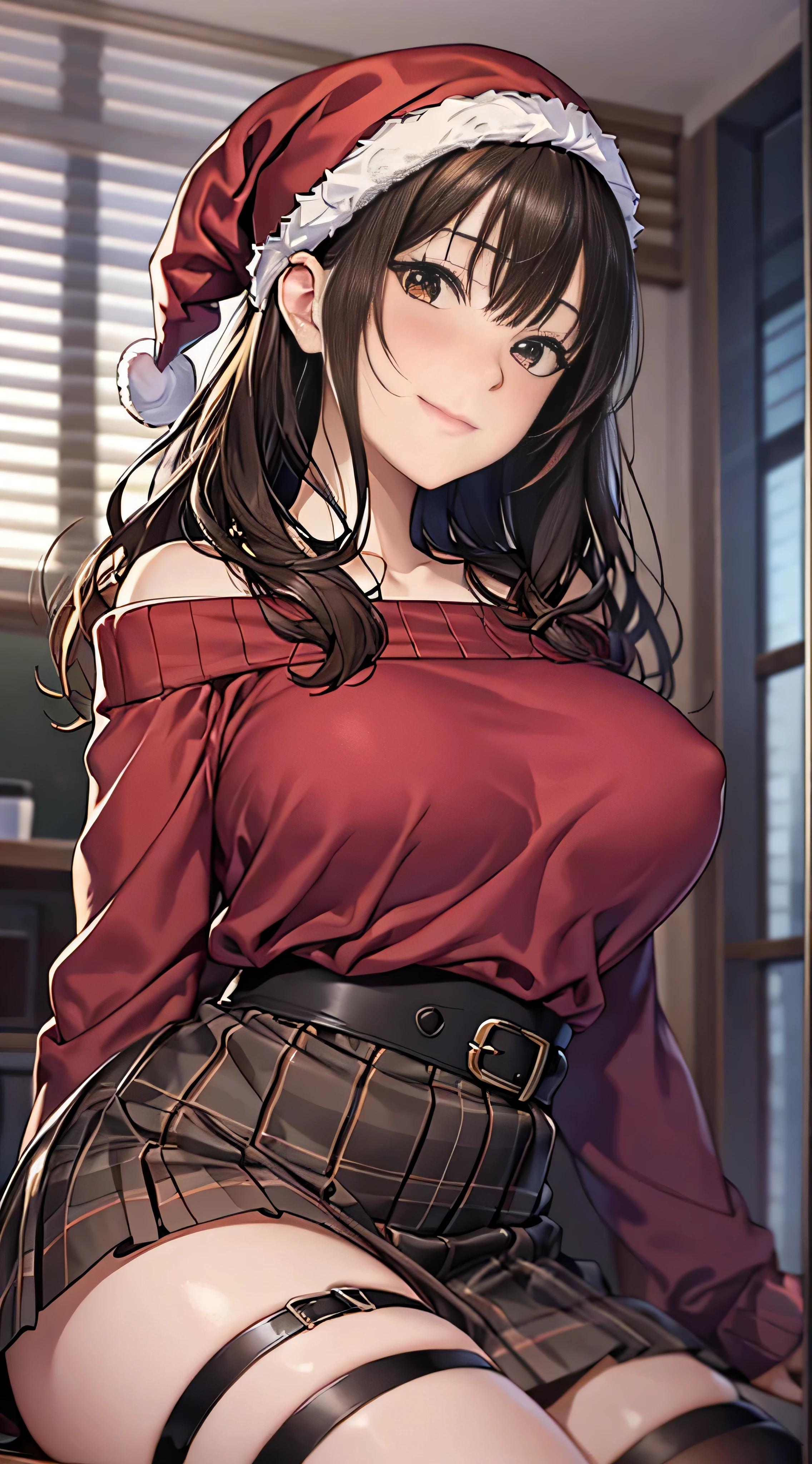 ((masutepiece, Best Quality, hight resolution, nffsw, Perfect Pixel, 4K, nffsw, nffsw))), 1girl in, Single, Solo, Beautie、full body seen、 ((Middle Wave Hair, Bangs, Brown hair)), ((Brown-eyed, Beautiful eyelashes, Realistic eyes)), ((Detailed face, Blushing:1.2)), ((Smooth texture:0.75, Realistic texture:0.65, Photorealistic:1.1, Anime CG style)), medium breasts, Dynamic Angle, Perfect body, ((Santa Claus Costume、Red knitted hat、red and white off shoulder sweater、red and white flared skirt、Black garter stockings、Kamimei、Shy smile、See-through nipples)), Classrooms without people、Sit on a desk、Lower'I took my foot off the desk............................、early evening、、((Angle looking up from below))、Very embarrassing panic smile、Lift your chest with your hands、Open both legs、Open your knees wide、sexy pink floral lace panties)、