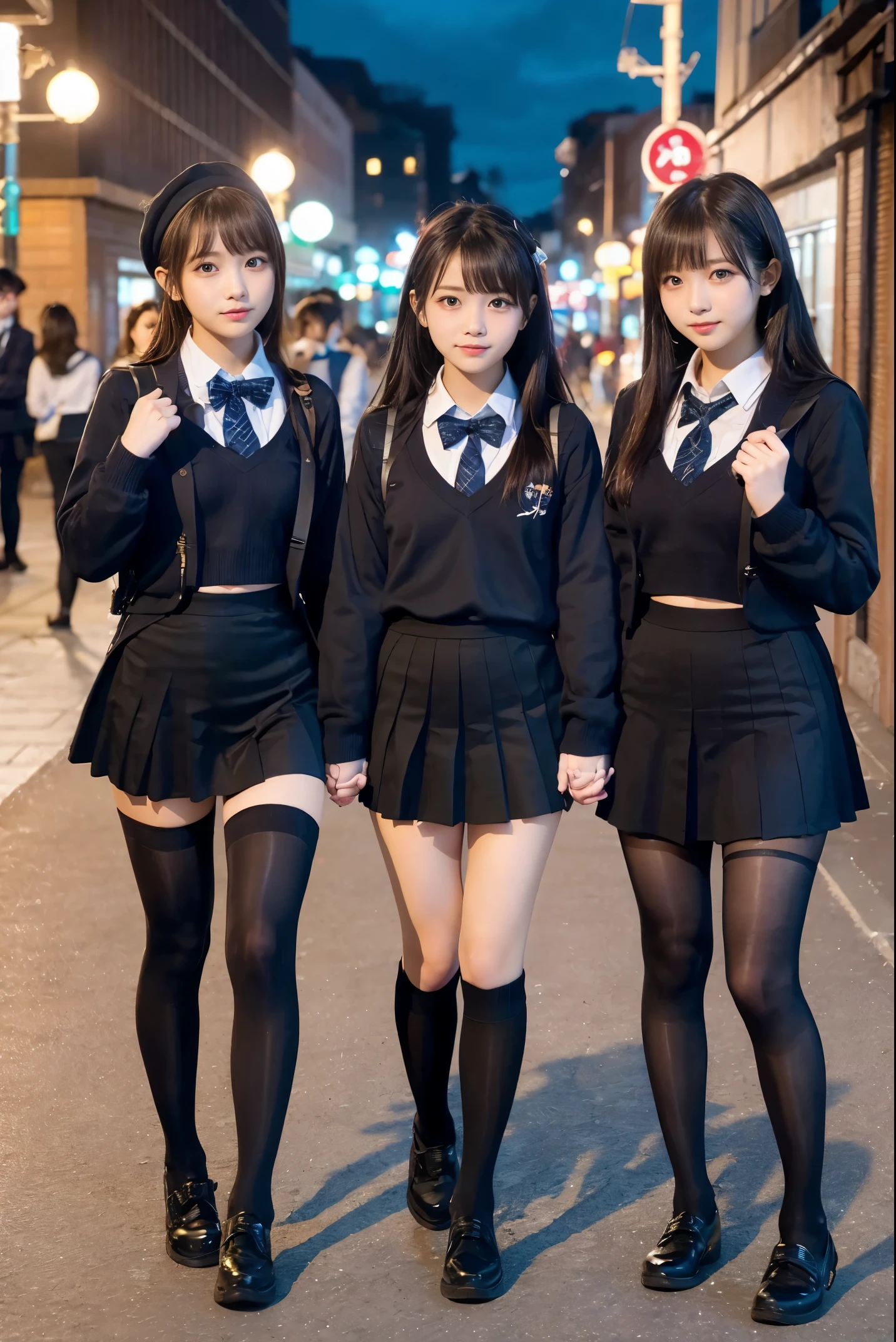 high-angle shot、street snap、A baby face wearing a short skirt and bow tie standing on a neon street in the middle of the night(Tall)There are 3 gal women of、(3 girls)、Phenomenally cute schoolgirl、Guts Pose、micro sailor uniform、Winter clothes、Japanese school black uniform、large udder、Big cleavage exposed、Girl in a surreal female uniform、Wearing a dark blue uniform、Schoolgirl Pose、full body Esbian、Nice skin、glistning skin、lovely thighs、long legged、(wide thighs)、(Micro Mini Skirt)、glowing thigh、With garter、(opaque black knee high socks)、((all hands)(I definitely wear black knee socks that go above the knee.))、I'm wearing leather shoes、High School in Japan 、乃木坂アイドル、韓国アイドル、Invite you inside、Inviting eyes