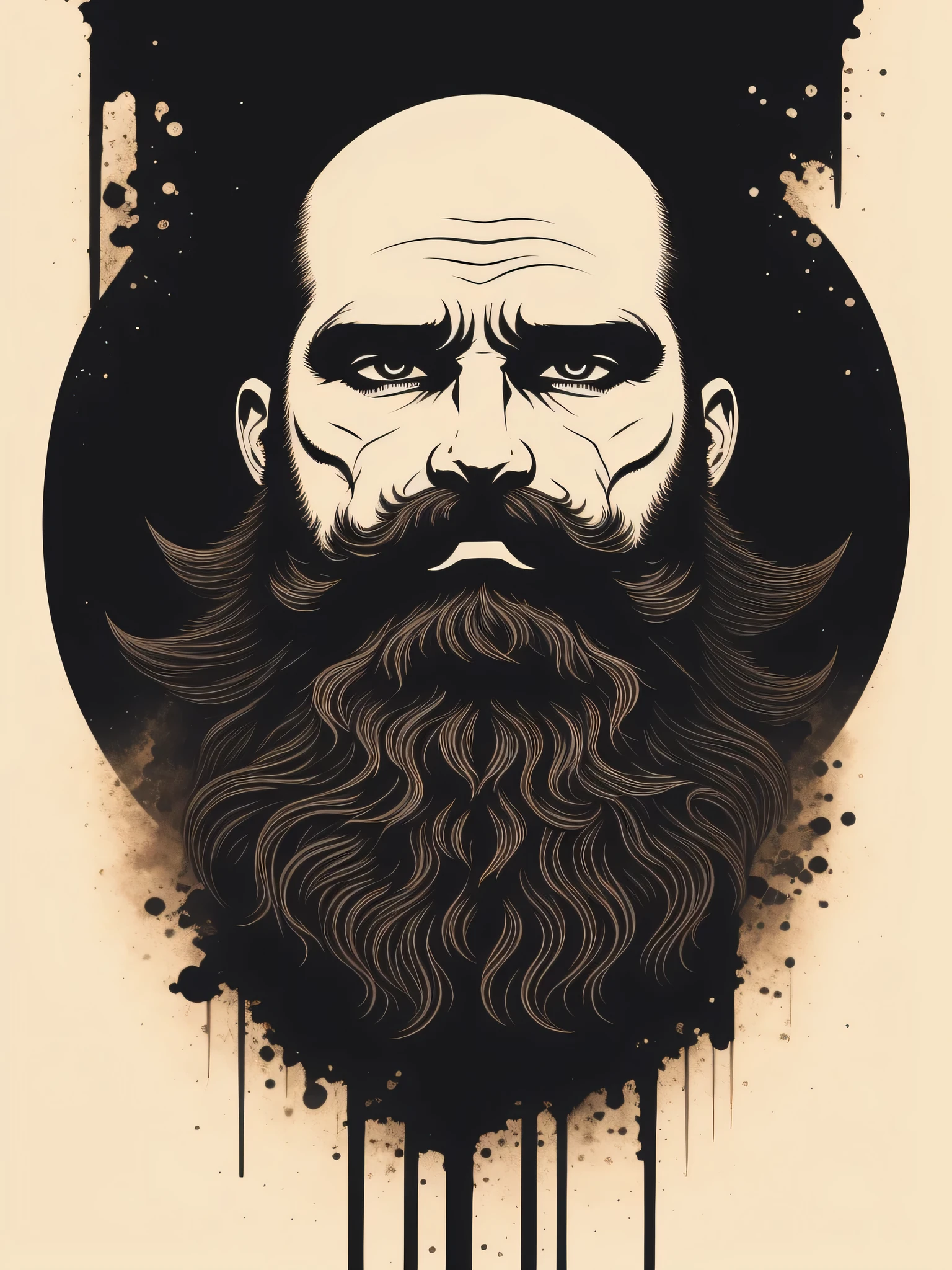 Slull, t-shirt art, 2D, ((black background :1, 5)), vector, vivid colors, masterpiece, best quality, intricate details, perfect symmetrical face, realistic details,Full Beard, rim light, moonlight, cinematic shading, no background