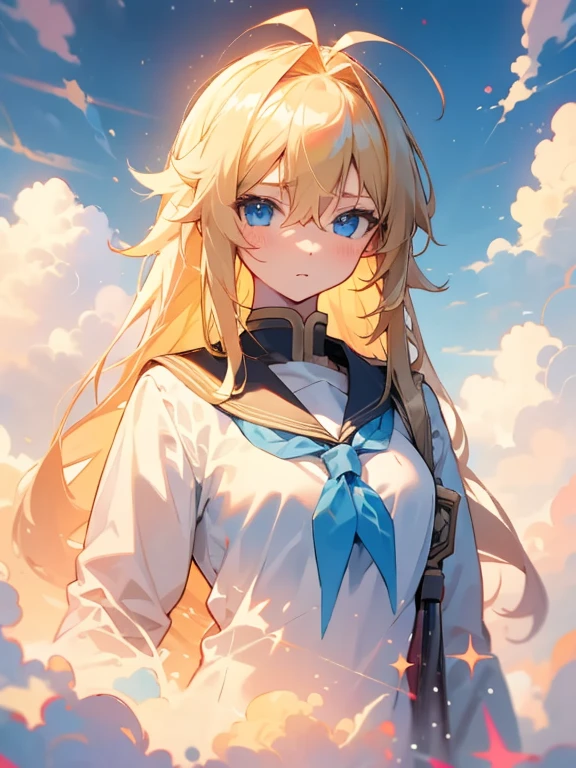 day,in summer,sky, highres,wallpaper,girl,long hair,blonde hair,ahoge,blue eyes,school uniform,seifuku, upper body, stand, masterpiece, best qualit