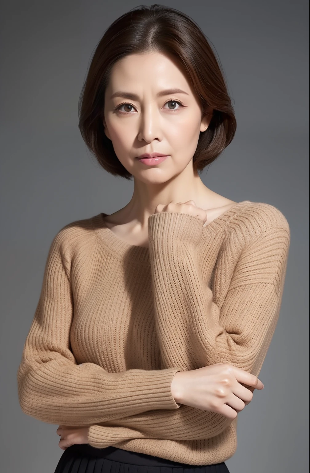 hight resolution, high-level image quality, high detailing, masterpiece, Textured skin, tre anatomically correct, sharp, greybackground((japanese mature, 80years old)), 独奏, ((Wrinkles on the face)), large breasts with good shape, Straight light brown hair that reaches to the shoulders, chubby figure (((Stand upright, facing the center of the screen.))), Close your mouth and look straight ahead with a serious face, Sweaters, skirt by the, ((cowboy shot)),