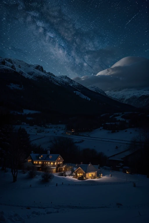 High-end royal dark blue Christmas night sky, diamonds instead of stars, three-dimensional clouds, in the snowy valley, Van Gogh style, there is a hotel under the mountain